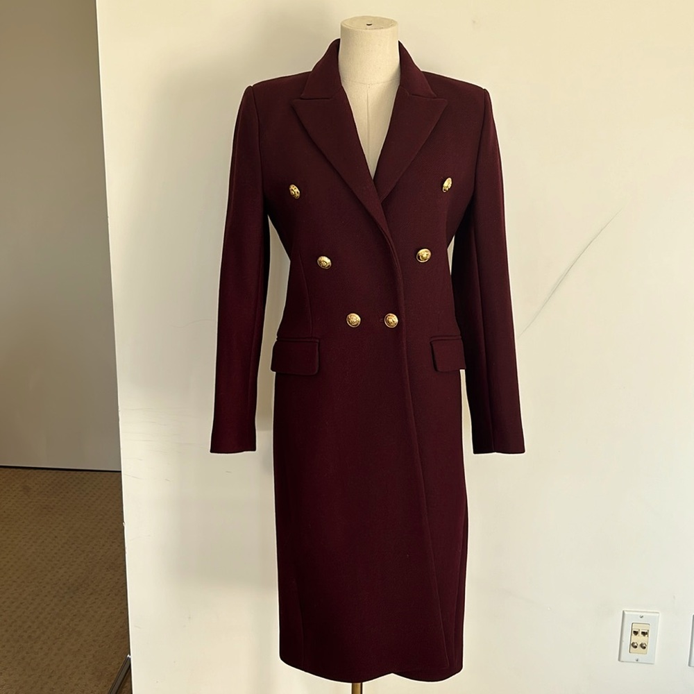 Size XS Burgundy Zara long coat with gold buttons